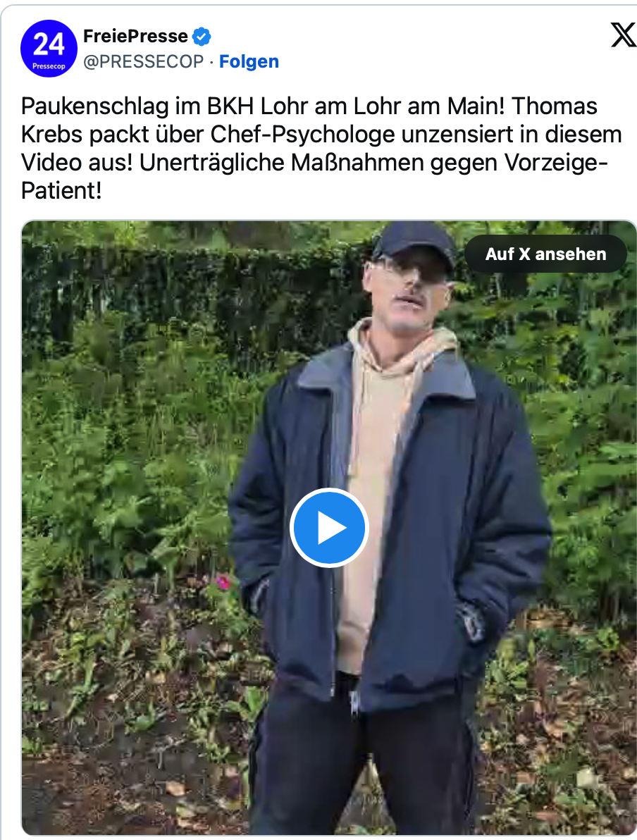 Paukenschlag im BKH Lohr am Lohr am Main! Thomas Krebs packt über Chef-Psychologe unzensiert in diesem Video aus! Unerträgliche Maßnahmen gegen Vorzeige-Patient!