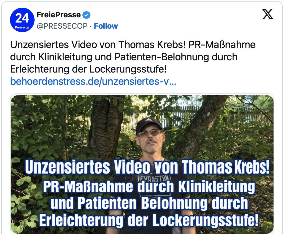 Unzensiertes Video von Thomas Krebs! PR-Maßnahme durch Klinikleitung und Patienten-Belohnung durch Erleichterung der Lockerungsstufe!
