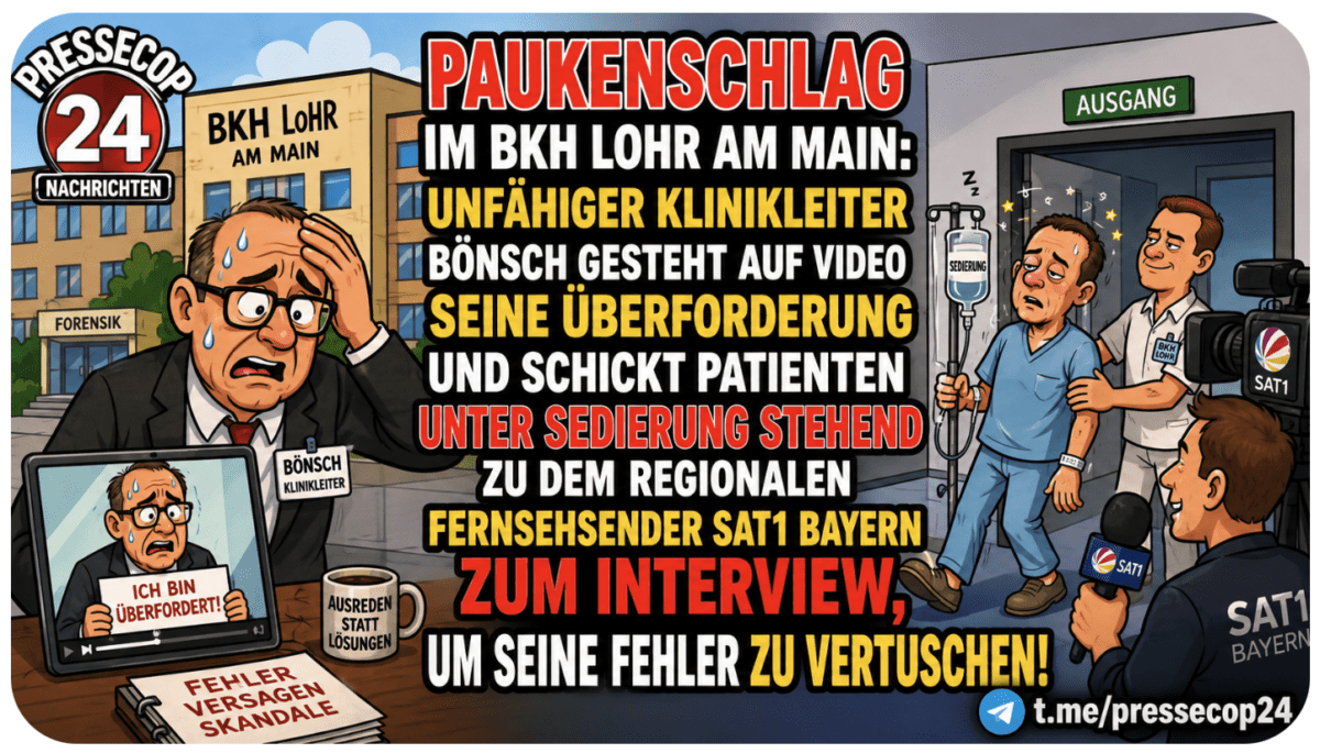 PAUKENSCHLAG IM BKH LOHR AM MAIN: Unfähiger Klinikleiter Bönsch gesteht auf Video seine Überforderung und schickt Patienten unter Sedierung stehend zu dem regionalen Fernsehsender  Sat1 Bayern zum Interview, um seine Fehler zu vertuschen!