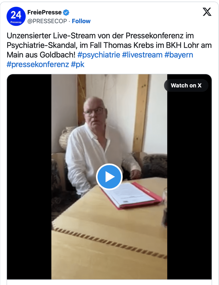 Unzensierter Livestream von der Pressekonferenz am 11.07.2026, von dem Psychiatrie-Skandal Thomas Krebs im BKH Lohr am Main aus Goldbach!