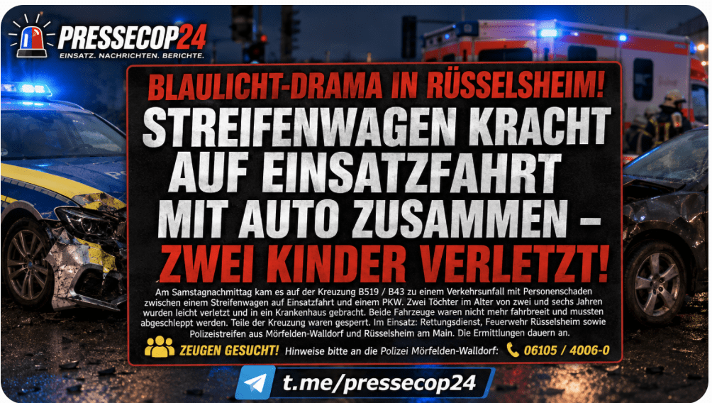 BLAULICHT-DRAMA IN RÜSSELSHEIM! STREIFENWAGEN KRACHT AUF EINSATZFAHRT MIT AUTO ZUSAMMEN – ZWEI KINDER VERLETZT!