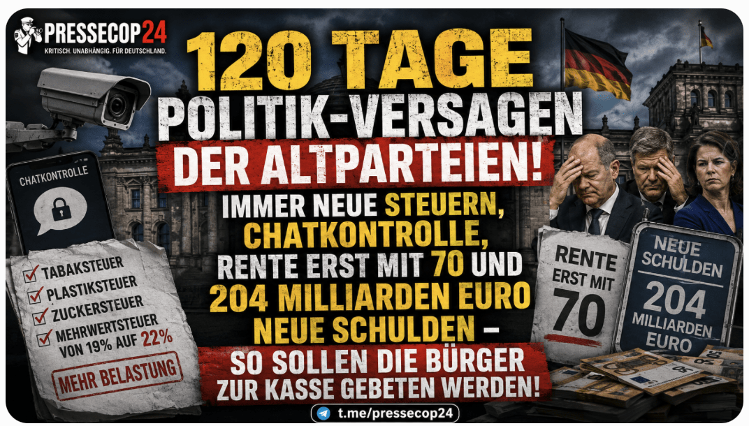 120 TAGE POLITIK-VERSAGEN DER ALTPARTEIEN! IMMER NEUE STEUERN, CHATKONTROLLE, RENTE ERST MIT 70 UND 204 MILLIARDEN EURO NEUE SCHULDEN – SO SOLLEN DIE BÜRGER ZUR KASSE GEBETEN WERDEN!
