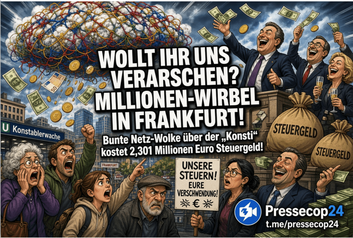 WOLLT IHR UNS VERARSCHEN? MILLIONEN-WIRBEL IN FRANKFURT! Bunte Netz-Wolke über der „Konsti“ kostet 2,301 Millionen Euro Steuergeld!