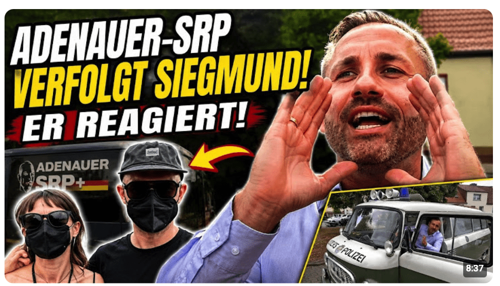 Adenauer SRP Bus verfolgt Siegmund – dann entdeckt er die Fahrerin beim AfD Infostand in Eilsleben!