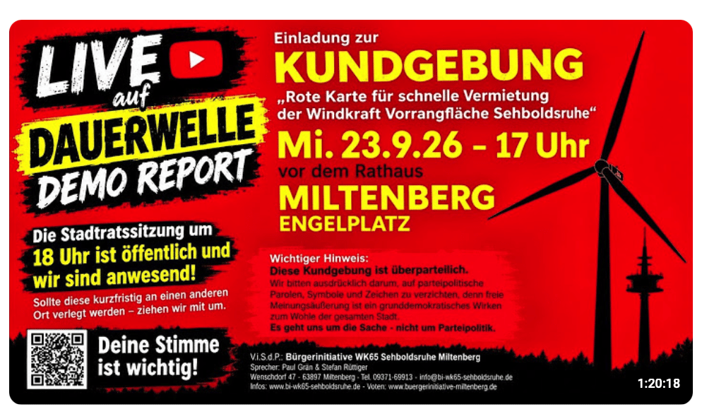 LIVE – Rote Karte für schnelle Vermietung der Windkraft Vorrangfläche Sehboldsruhe