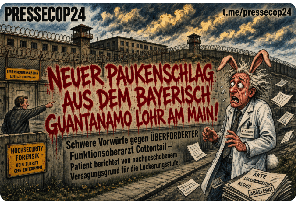 NEUER PAUKENSCHLAG AUS DEM BAYERISCH GUANTANAMO LOHR AM MAIN! Schwere Vorwürfe gegen ÜBERFORDERTER Funktionsoberarzt Cottontail – Patient berichtet von nachgeschobenem Versagungsgrund für die Lockerungsstufe!