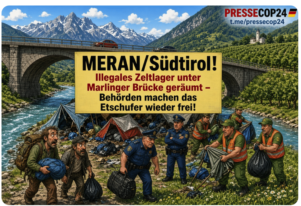 MERAN/Südtirol! Illegales Zeltlager unter Marlinger Brücke geräumt – Behörden machen das Etschufer wieder frei!