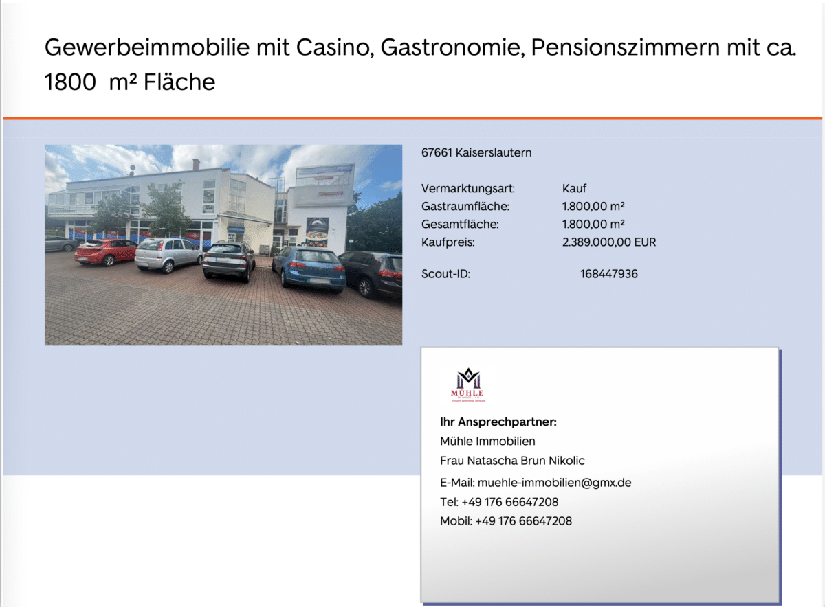Gewerbeimmobilie mit Casino, Gastronomie, Pensionszimmern mit ca. 1800 m2,  Fläche in 67661 Kaiserslautern zu verkaufen!