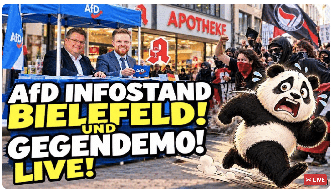 LIVE :  AfD Infostand Bielefeld Panda Apotheke & GEGENDEMO – wird es eskalieren? Kneller & Brandner